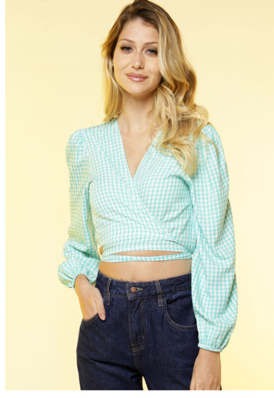Blusa Cropped Manga Longa Xadrez Vichy Sob Verde Água - Image 4