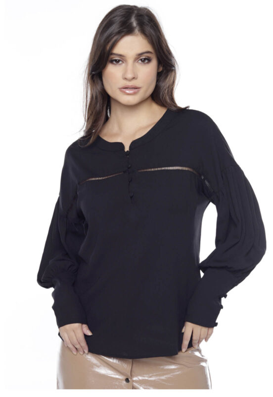 Blusa de  Manga Longa Feminina Bufante Sob Preta