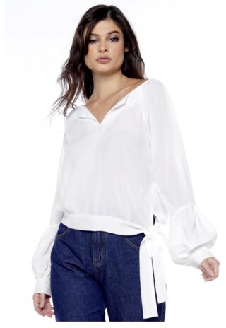 Blusa Manga Longa em Crepe com Laço Sob Branca