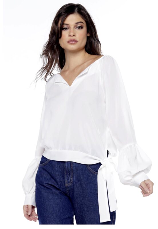 Blusa Manga Longa em Crepe com Laço Sob Branca - Image 2