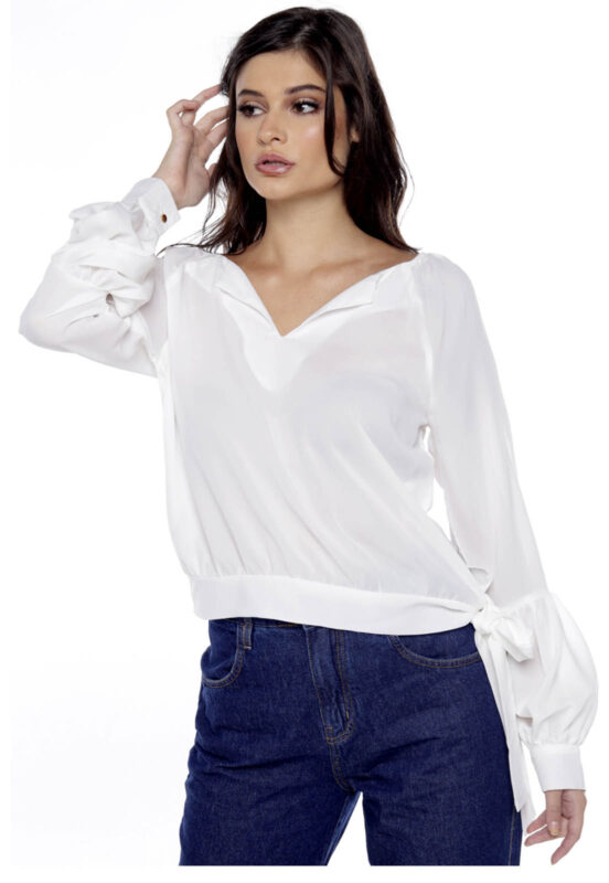 Blusa Manga Longa em Crepe com Laço Sob Branca - Image 6