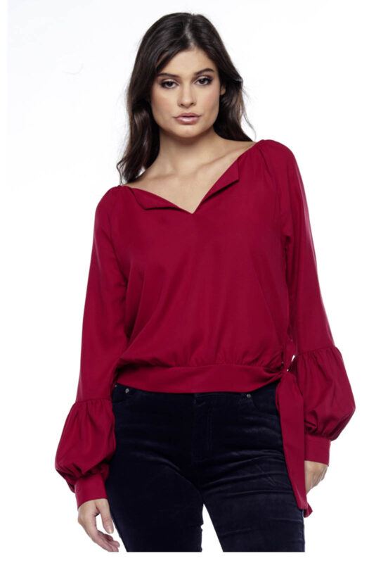 Blusa Manga Longa em Crepe com Laço Sob Vermelha Escura