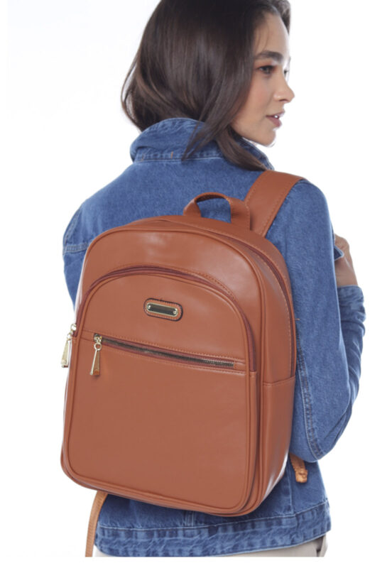 Mochila Feminina Caramelo Média Lisa Social Sob com Bolsos