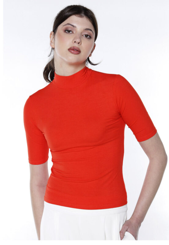 Blusa Manga Curta Básica Gola Alta em Viscose  Laranja - Image 4