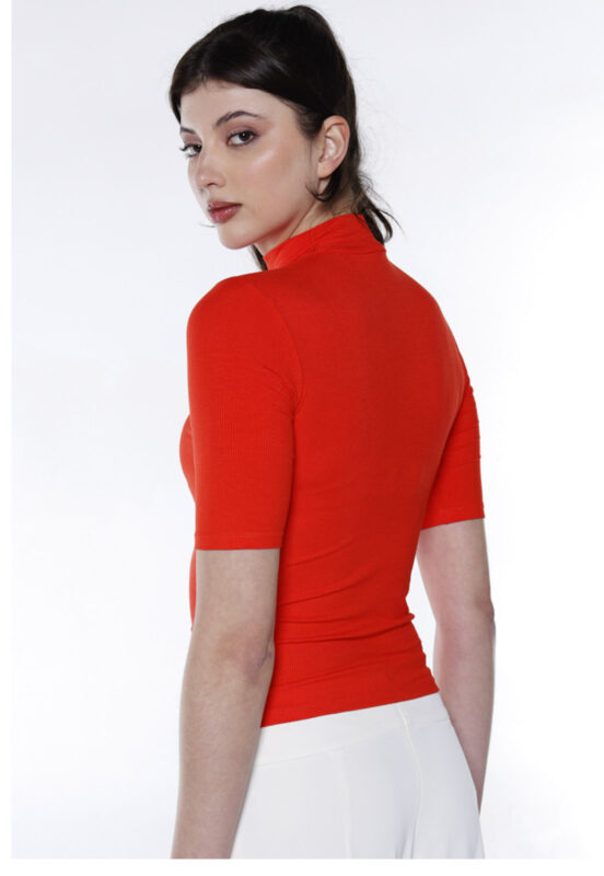 Blusa Manga Curta Básica Gola Alta em Viscose  Laranja - Image 5