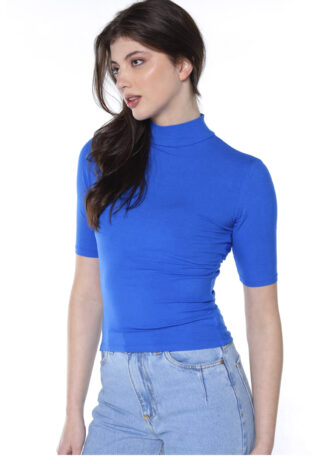 Blusa Manga Curta Básica Gola Alta em Viscose  Azul Royal