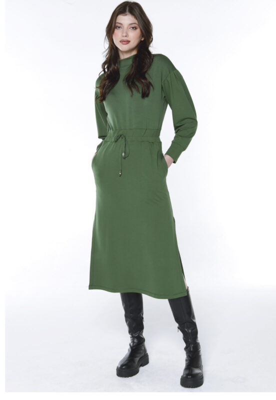 Vestido Manga Longa Midi de Moletom Sob Verde Militar