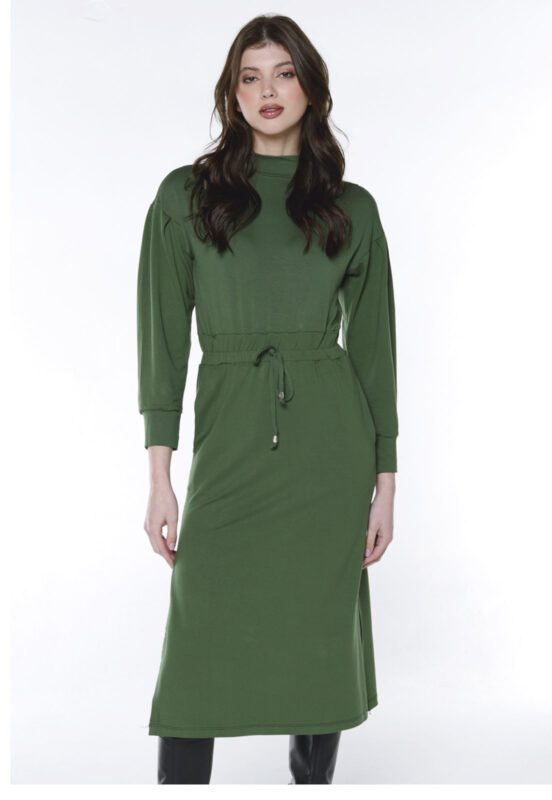 Vestido Manga Longa Midi de Moletom Sob Verde Militar - Image 4