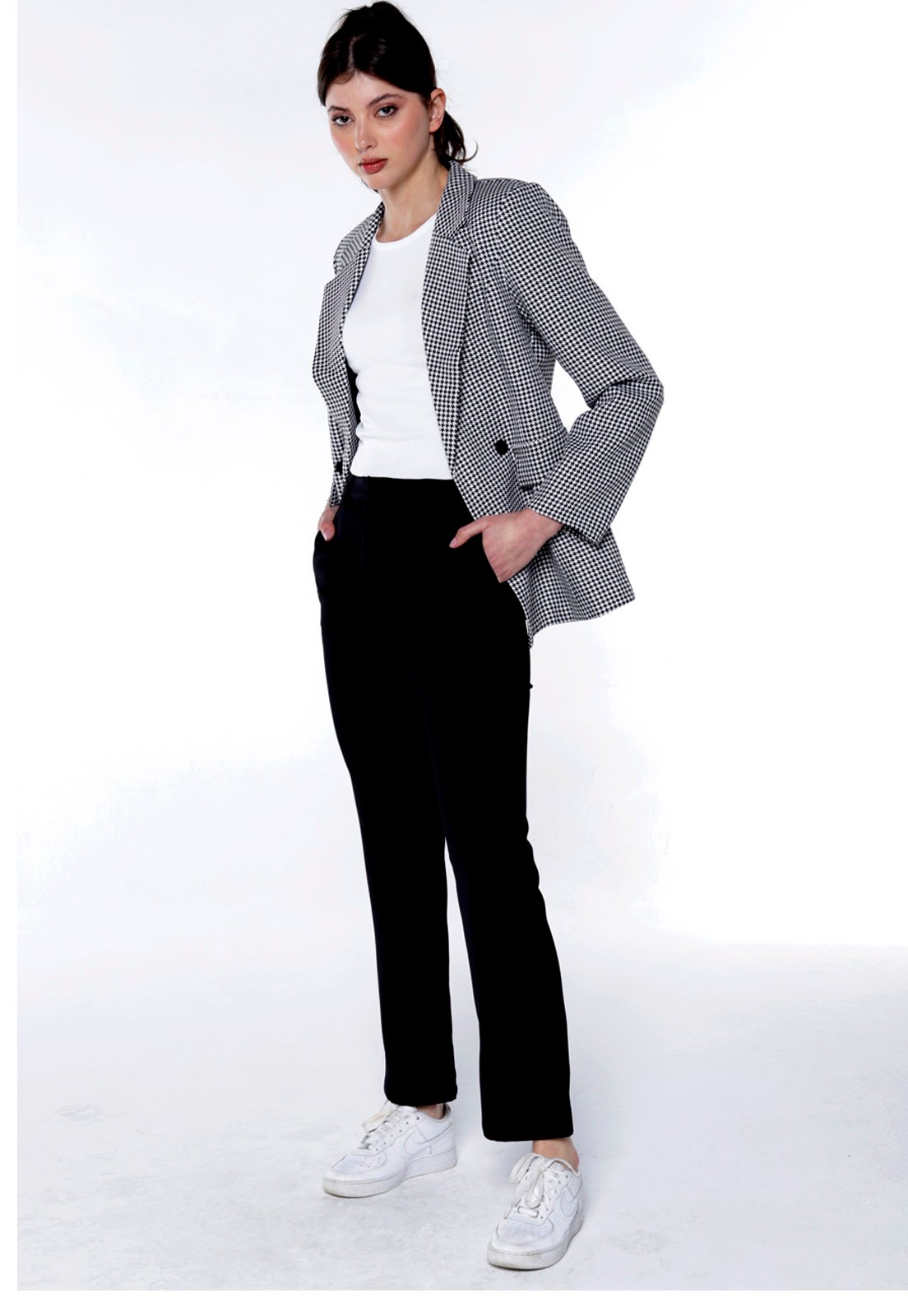 Blazer Trendyol Collection Pied de Poule Preto/Branco 