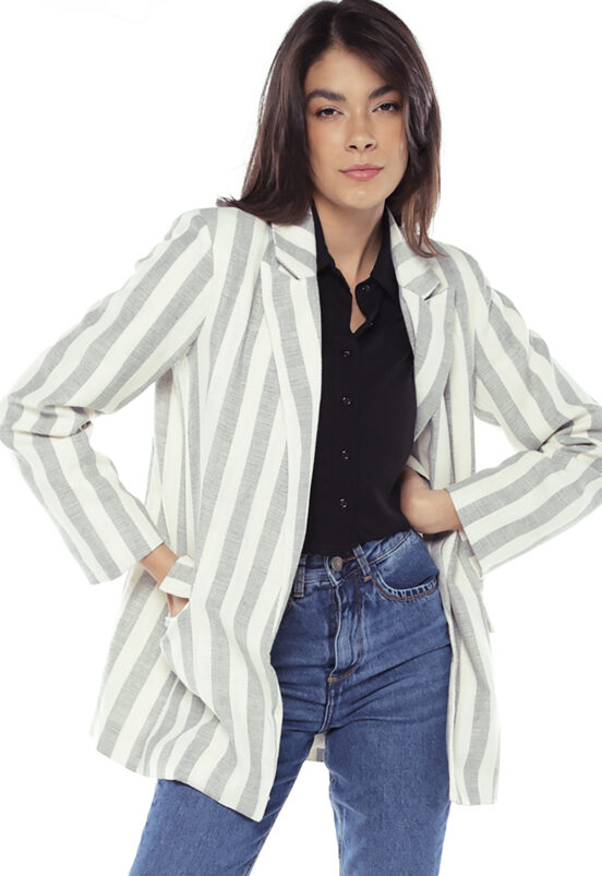 Blazer de Linho Feminino Listrado Longo Sob Cinza
