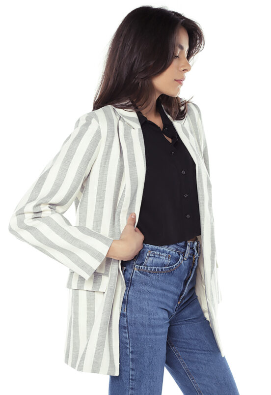 Blazer de Linho Feminino Listrado Longo Sob Cinza - Image 4