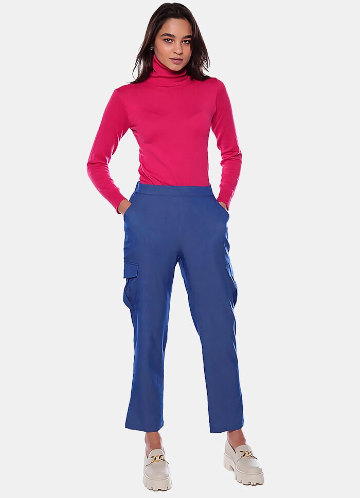 Calça Cargo Feminina Reta Sob Azul Médio - Imagem 6
