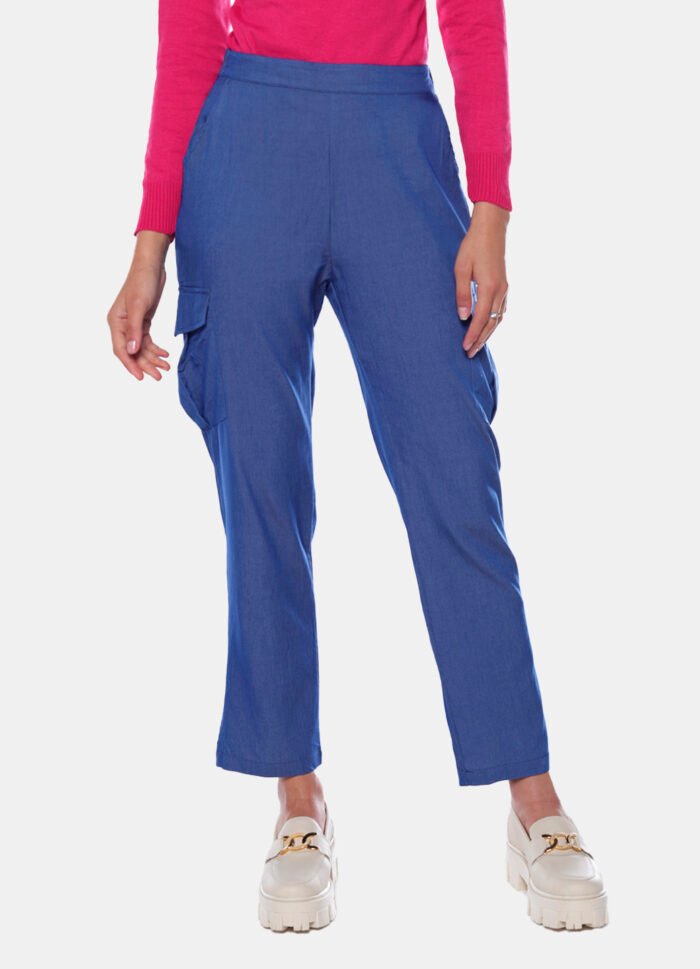Calça Cargo Feminina Reta Sob Azul Médio - Imagem 5