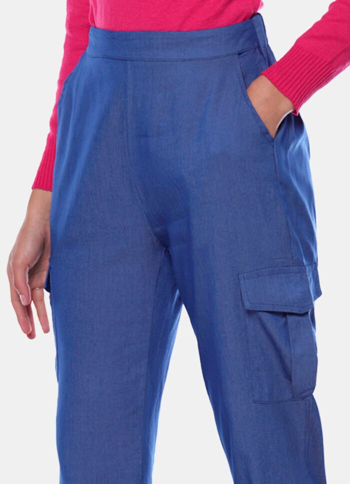 Calça Cargo Feminina Reta Sob Azul Médio - Imagem 4
