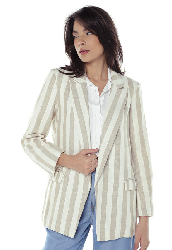 Blazer de Linho Feminino Listrado Longo Sob Areia