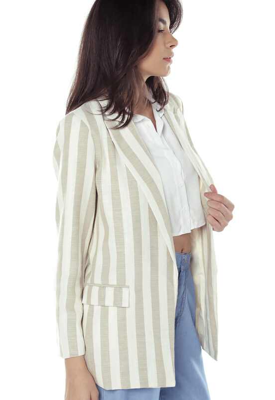 Blazer de Linho Feminino Listrado Longo Sob Areia - Image 3