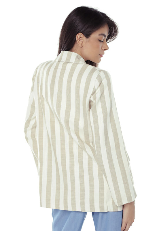 Blazer de Linho Feminino Listrado Longo Sob Areia - Image 5