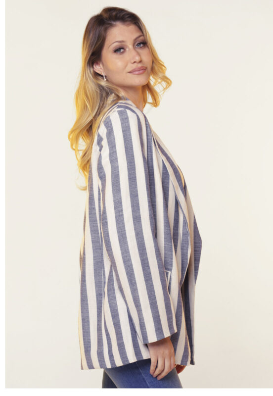 Blazer de Linho Feminino Listrado Longo Sob Azul - Image 3