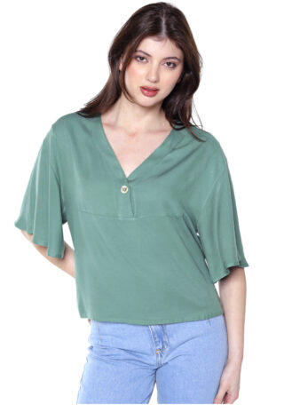 Blusa Manga Curta em Viscose Solta Sob Verde