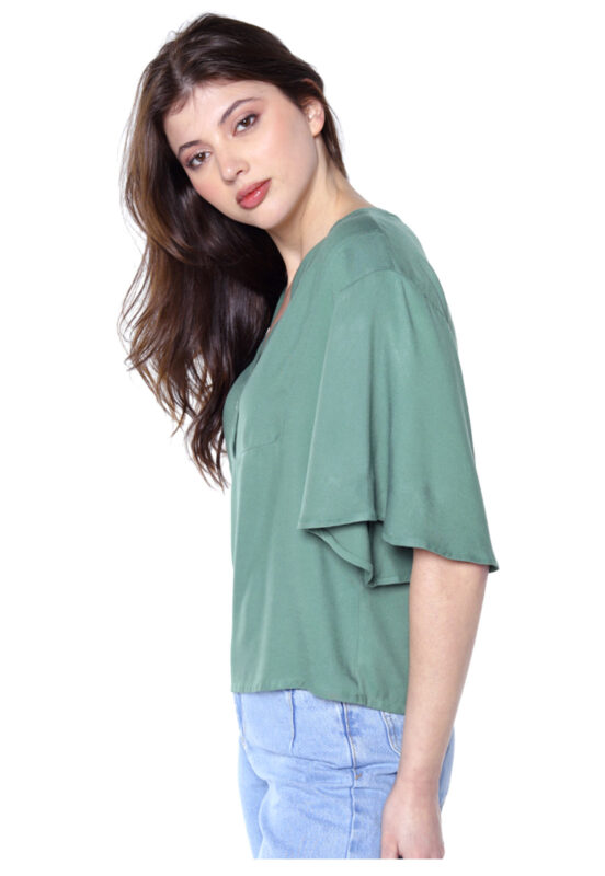 Blusa Manga Curta em Viscose Solta Sob Verde - Image 3