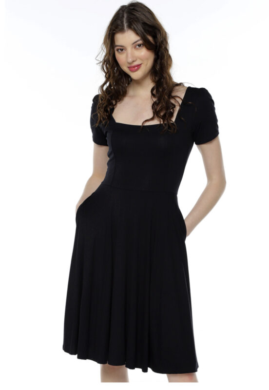Vestido Preto Midi Decote Quadrado Manga Curta Rodado Sob - Image 3