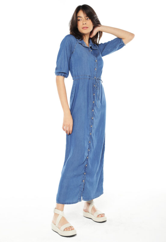 Vestido Jeans Longo Chemise com Manga Sob Azul - Image 8