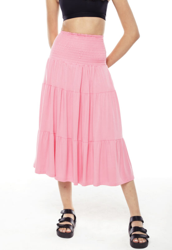 Saia Midi em Camadas com Lastéx Rosa Sob
