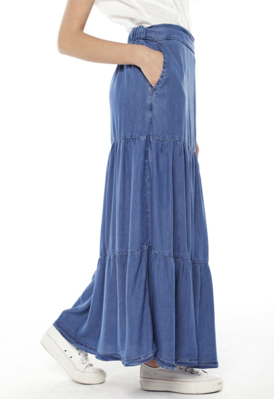 Saia Longa Jeans em Camadas Azul Sob - Image 4