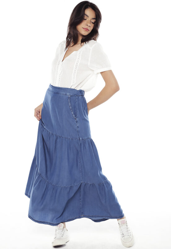 Saia Longa Jeans em Camadas Azul Sob - Image 2