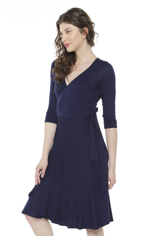 Vestido Midi MarinhoTranspassado com Mangas Sob - Image 4