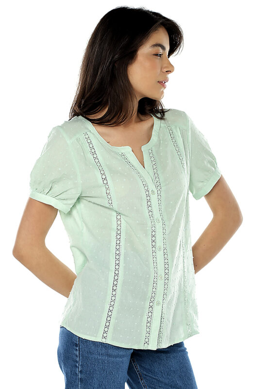 Camisa Feminina Manga Curta Cambraia de Algodão Sob Verde - Image 2