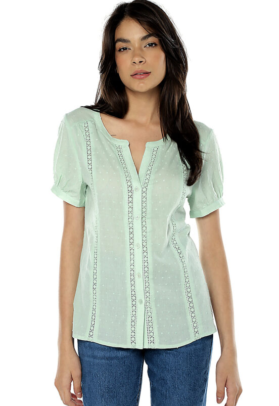 Camisa Feminina Manga Curta Cambraia de Algodão Sob Verde