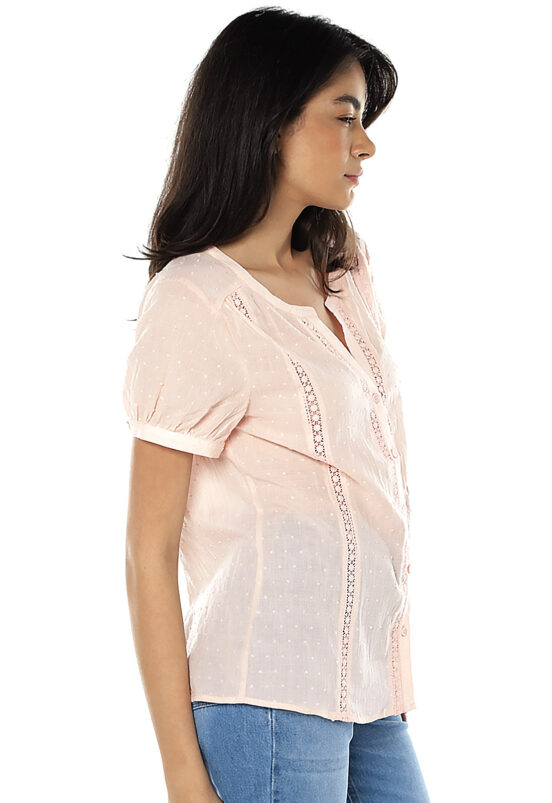 Camisa Feminina Manga Curta Cambraia de Algodão Sob Rosa - Image 4