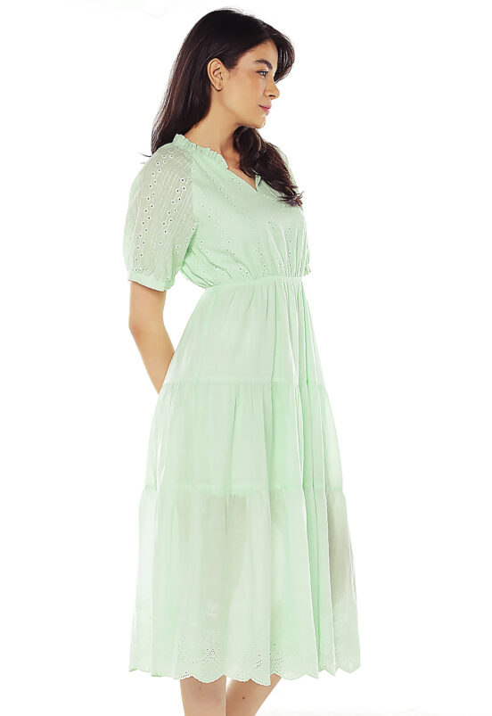 Vestido Midi de Laise de Algodão com Mangas Sob Verde - Image 3
