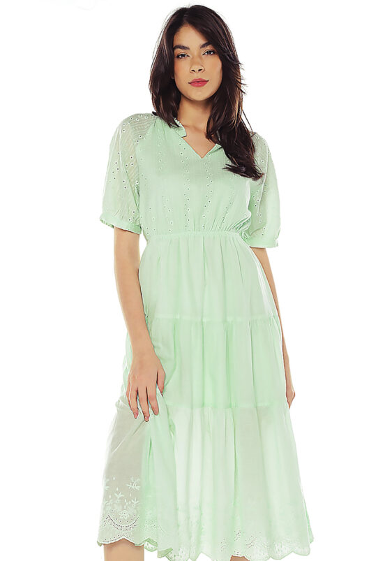 Vestido Midi de Laise de Algodão com Mangas Sob Verde - Image 4