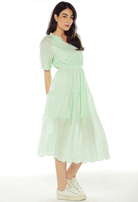 Vestido Midi de Laise de Algodão com Mangas Sob Verde - Image 5