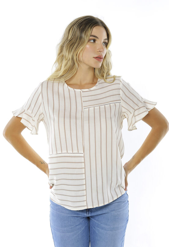 Blusa Listrada Feminina em Viscose Manga Curta  Sob Bege - Image 2