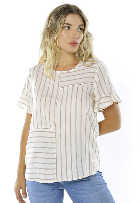 Blusa Listrada Feminina em Viscose Manga Curta  Sob Bege - Image 3
