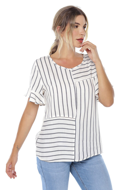 Blusa Listrada Azul Feminina em Viscose Manga Curta  Sob - Image 4
