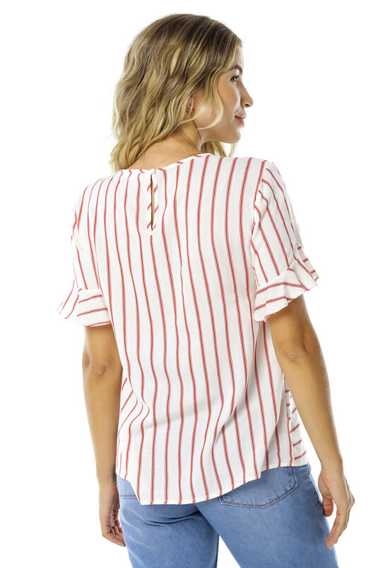 Blusa Listrada Vermelho Feminina em Viscose Manga Curta  Sob - Image 7