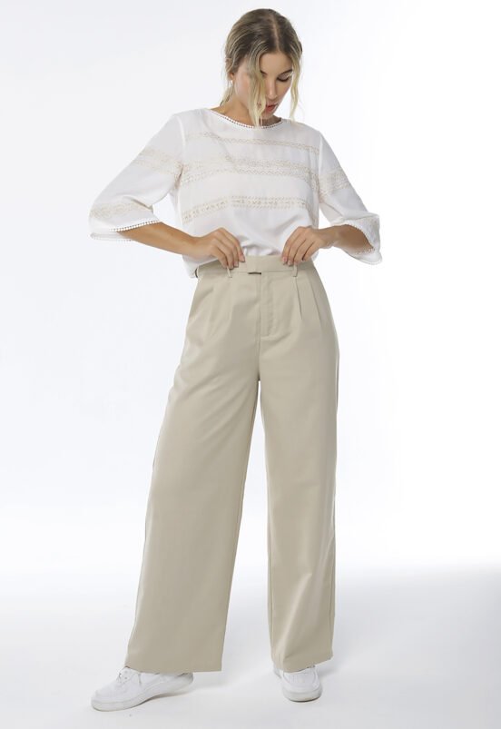 Calça de Pregas Areia Pantalona Alfaiataria Feminina Sob - Image 3