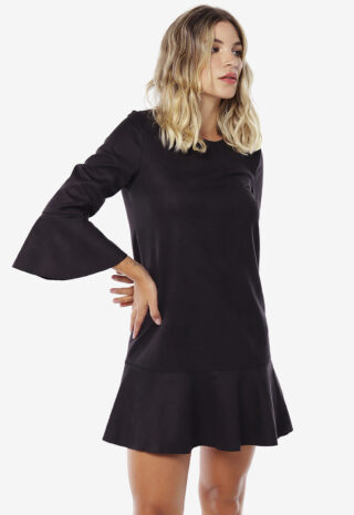 Vestido de Suede Preto com Mangas 3/4 Sob