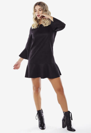 Vestido de Suede Preto com Mangas 3/4 Sob