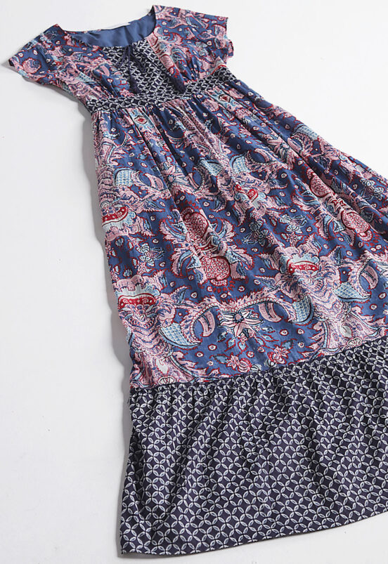 Vestido Longo Rosa e Marinho Boho Em Algodão com Bolsos Sob - Image 3
