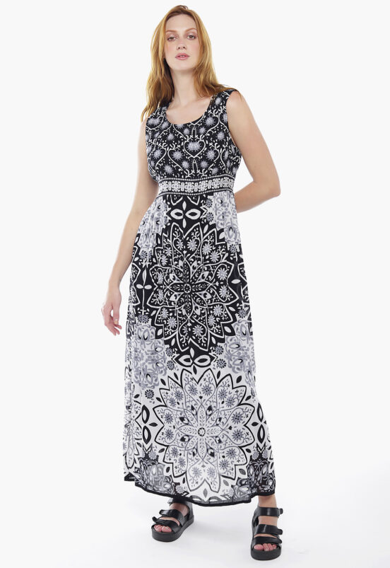 Vestido Longo Preto Estampado Em Algodão com Bolsos Sob - Image 2