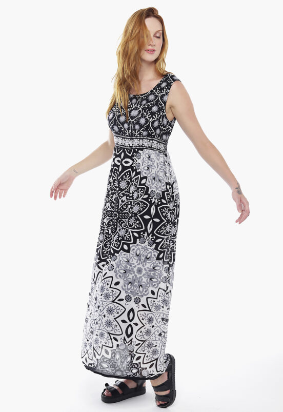 Vestido Longo Preto Estampado Em Algodão com Bolsos Sob - Image 3