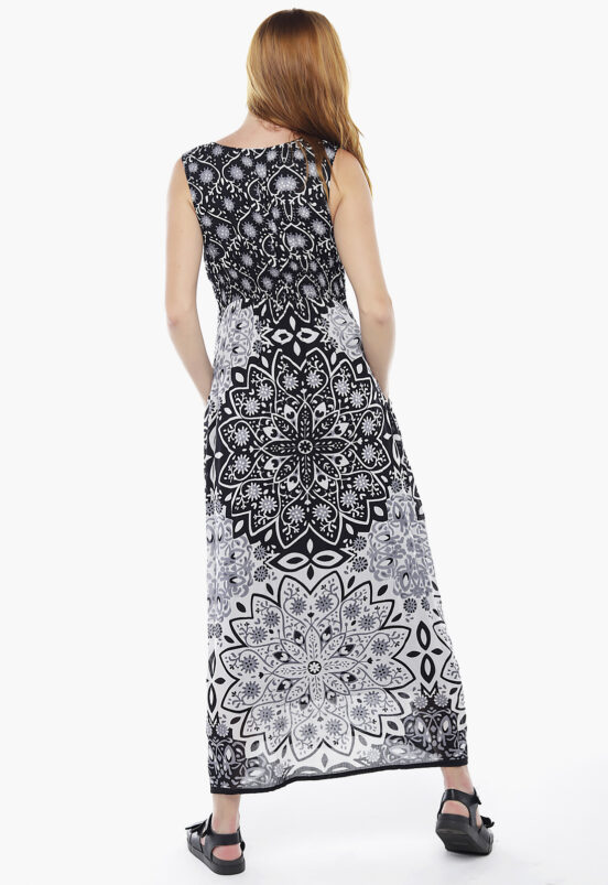 Vestido Longo Preto Estampado Em Algodão com Bolsos Sob - Image 6