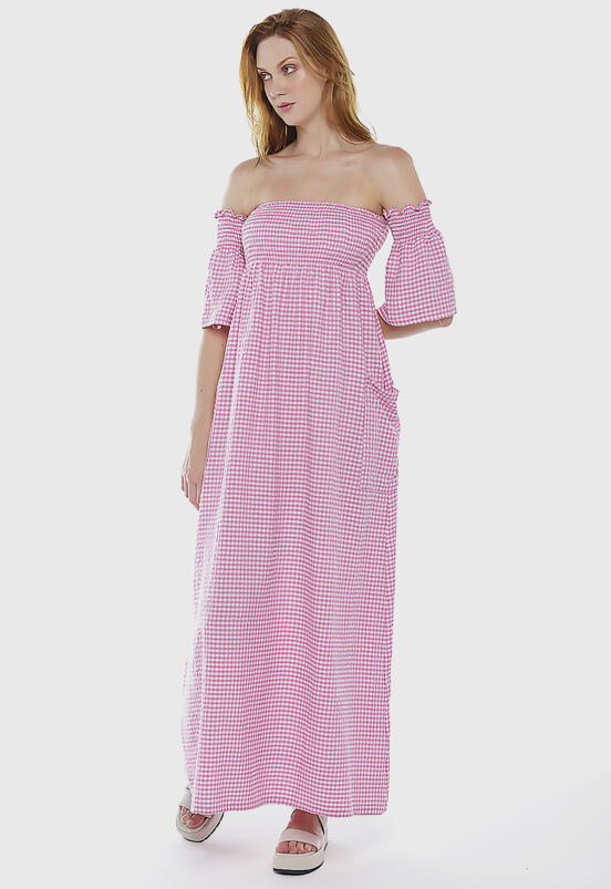 Vestido Longo Rosa Xadrez com Bolsos e Manga Sob