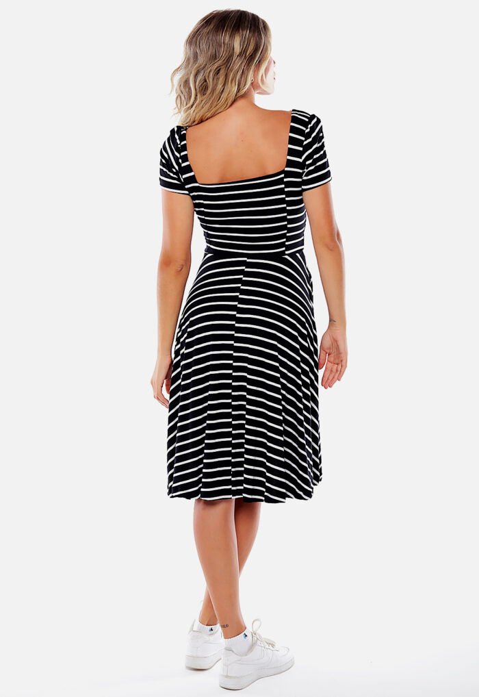 Vestido Midi com Mangas Preto Listrado com Bolsos em Viscose Sob - Imagem 4