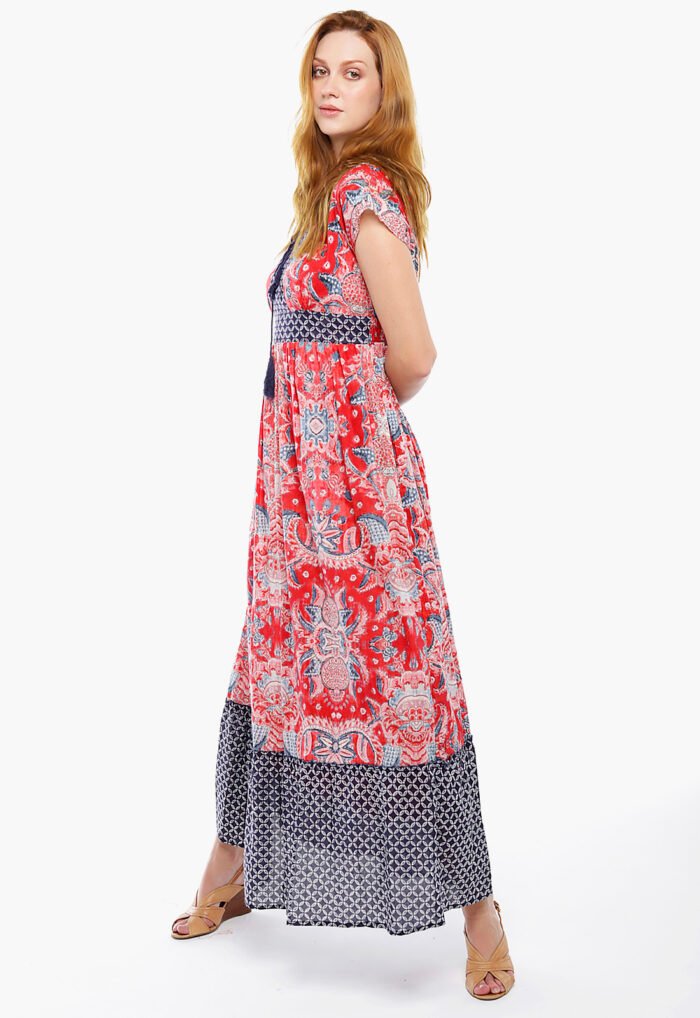 Vestido Longo Vermelho e Marinho Boho Em Algodão com Bolsos Sob - Imagem 2